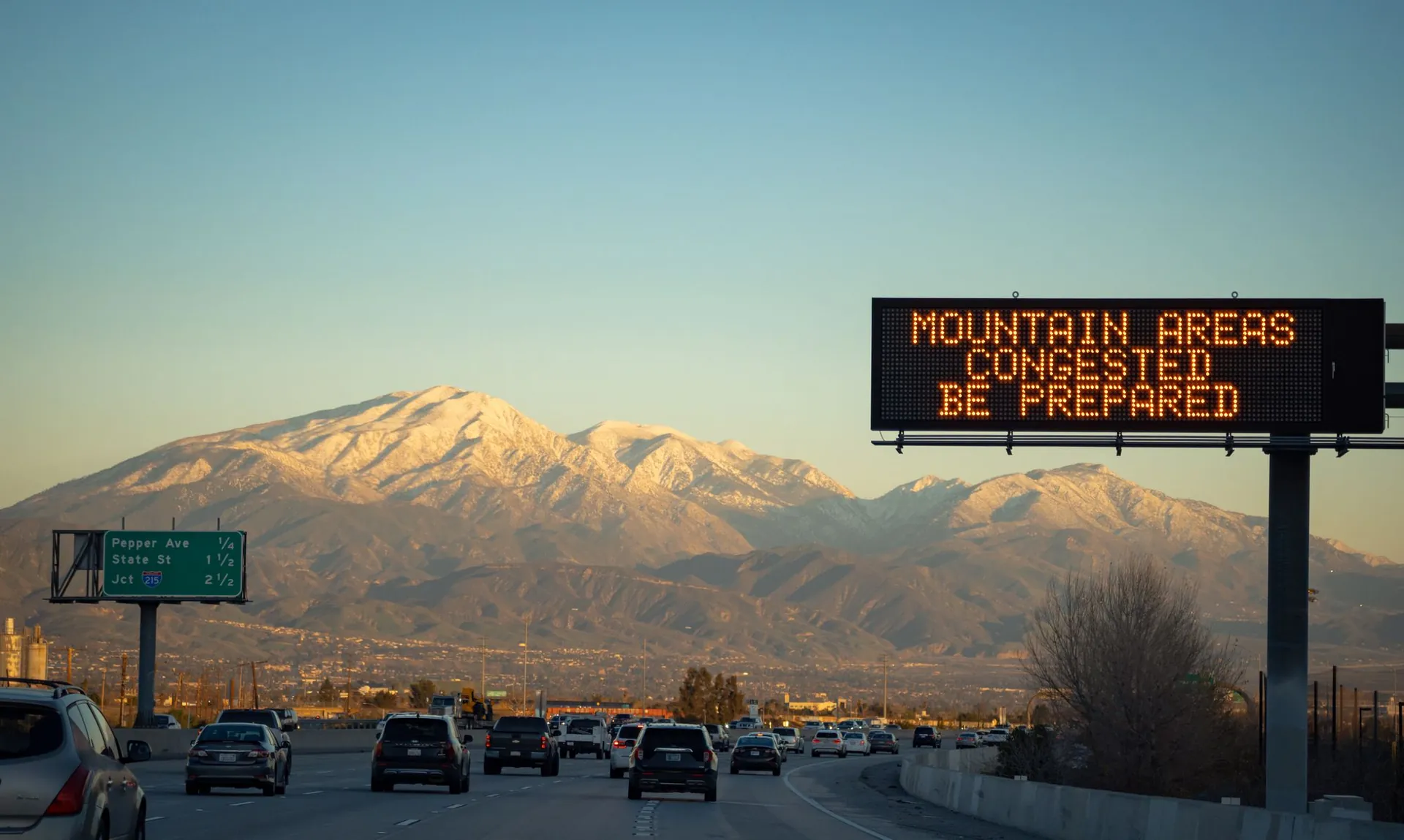 The 210 freeway in the Inland Empire with the San Bernardino Mountains behind